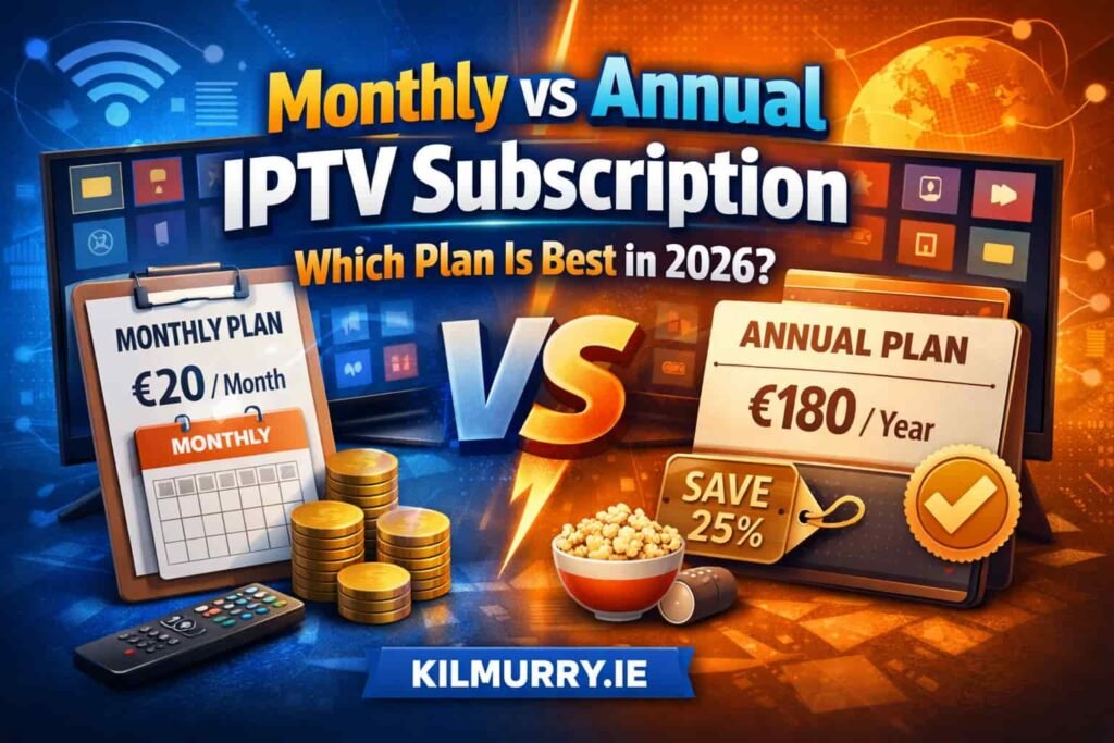 Choosing the best IPTV subscription plan — monthly vs annual — on a laptop