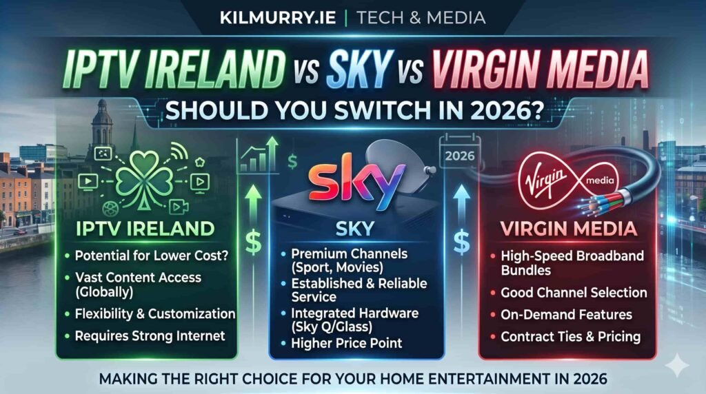 Comparing IPTV Ireland with Sky and Virgin Media on a Smart TV at home